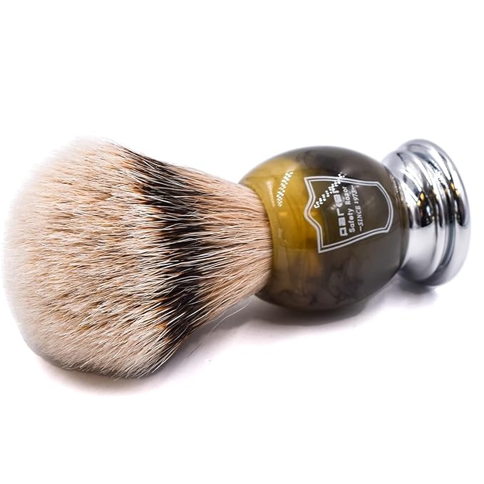 Parker Silvertip Badger Shaving Brush-Faux Horn Handle with a Chrome Base, Long Loft Dense Bristles- Men's Badger Shaving Brush with Stand Included
