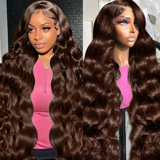 26 Inch Chocolate brown Lace Front Wig Human Hair 13x6 HD Transparent Body Wave Lace Front Wigs Human Hair Pre Plucked Glueless Frontal Brown Wig Human Hair 200% Density Colored #4 Human Hair Wigs
