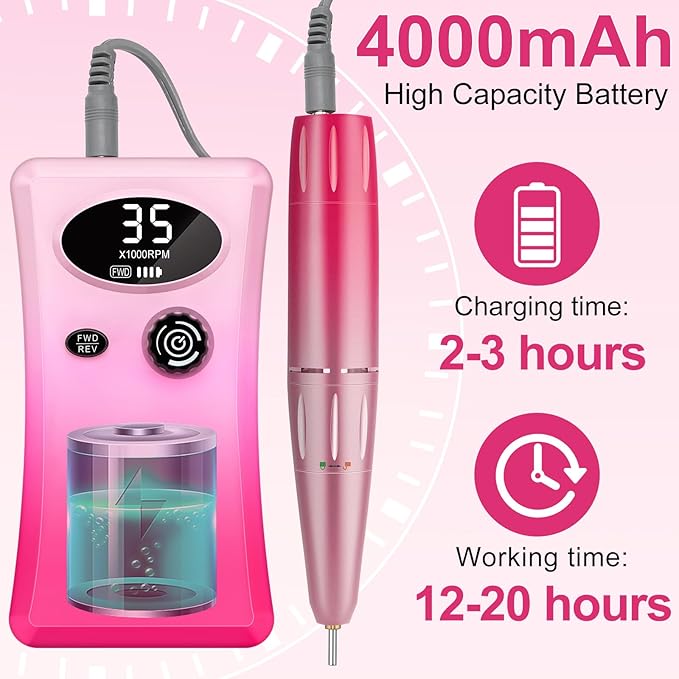 Electric Nail Drill, Urbuti 35000RPM Professional Nail Drill Machine, Portable Rechargeable File Machine Set for Acrylic Gel Nails, Manicure Pedicure Tools for Home and Salon Use(Colorful)