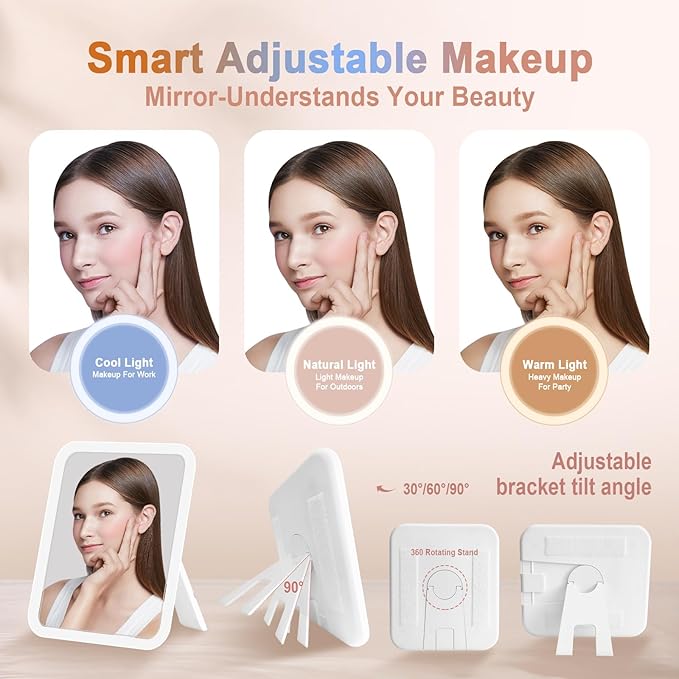 Travel Makeup Bag With 360° rotating LED Mirror,Waterproof cosmetic organizer,Portability Cosmetic case,Makeup organizer,Gift for Women,Girls Gift (Beige + Brown)