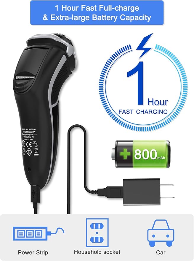 Men's Electric Shaver - MAX-T Corded and Cordless Rechargeable 3D Rotary Shaver Razor for Men with Pop-up Sideburn Trimmer Wet and Dry with Wall Adapter 100-240V