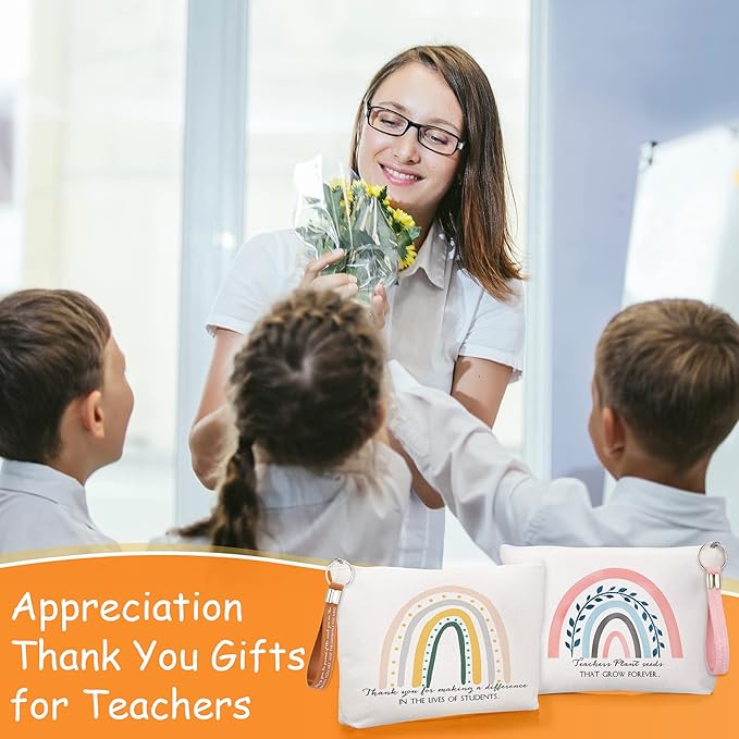 Fumete 20 Pcs Teacher Appreciation Gift Inspirational Rainbow Makeup Bag Rainbow Silicone Keychains Bulk Quotes Zipper Canvas Cosmetic Bag End of the Year Gifts for Teacher Graduation