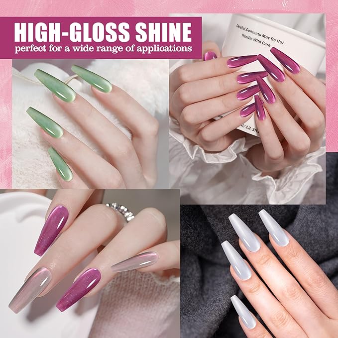 Adhere 8Pcs 12ML Cat Eye Gel Magnet Nail Polish Set, Reflective Glitter Cat Eye,Yellow Green Purple Silver White Color with Magnet