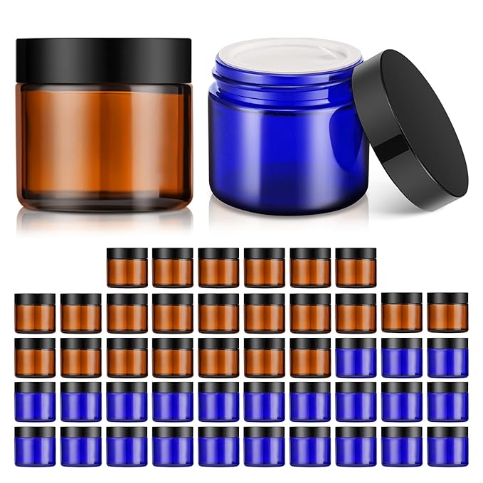 2 oz Glass Jars with Lids, 48 pack Round Small Containers with Black Lids, Blank Labels & Inner Liners, Empty Cosmetic Containers for Sample, Powder, Cream, Lotion Amber and Blue