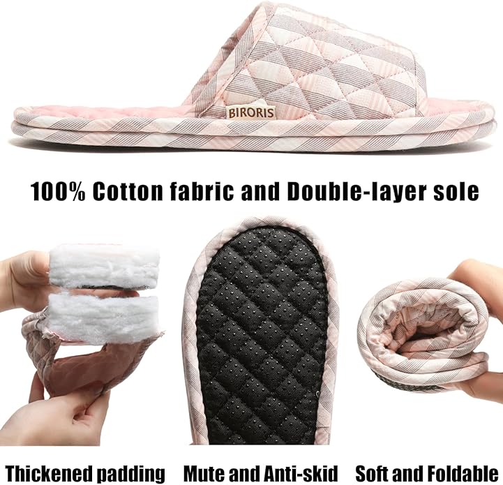 3 Pairs Floral Cotton House Slippers for Women, Open Toe Indoor Slippers Comfortable Washable Portable Foldable Guest Travel Hotel Airplane Spa Slippers