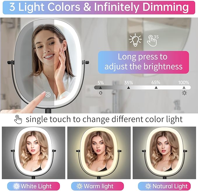 FUNTOUCH Rechargeable Wall Mounted Lighted Makeup Vanity Mirror, Double Sided 1X/7X Magnification, 3 Dimmable Light Settings, Extension Arm, Oval Frame, Ideal for Makeup