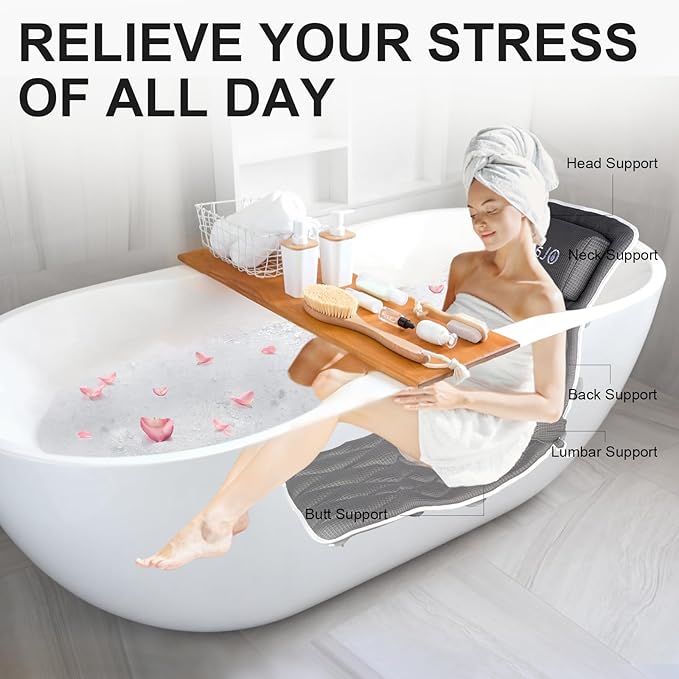 Full Body Bath Pillow Bathtub Pillows-Removable Lumbar Cushion with 17 Non-Slip Suction Cups 4D Air Mesh Fit Any Tub Luxury Bathroom Accessories-Grey