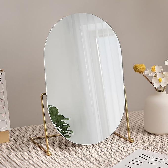 Desk Vanity Mirror with Stand Tabletop Makeup Table Mirrors Portable Table Make Up for Bedroom Golden Metal Framed Folding Bathroom Shaving Cosmetic Mirror