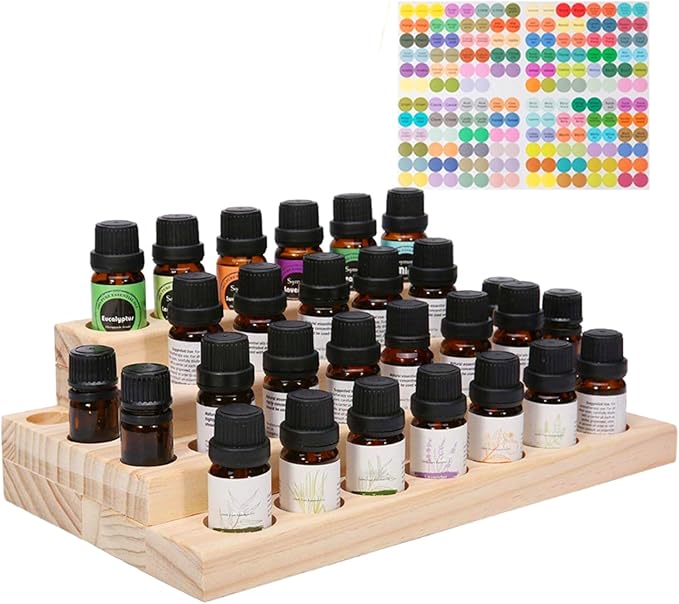 Pure Vie 4 Tier Essential Oil Bottles Wooden Storage Display Stand Travel Display Presentation Holder, Cosmetic Aromatherapy Organizer Rack Nail Polish Fragrance Container - Holds 30 Slots (15 ml)