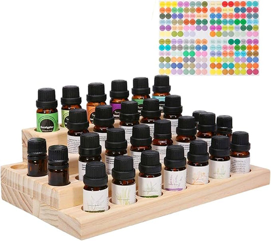 Pure Vie 4 Tier Essential Oil Bottles Wooden Storage Display Stand Travel Display Presentation Holder, Cosmetic Aromatherapy Organizer Rack Nail Polish Fragrance Container - Holds 30 Slots (15 ml)