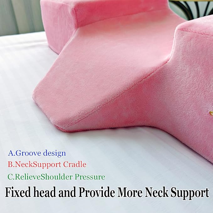 Puransen Lash Bed Pillow with Neck & Back Support - Curved Memory Foam Beauty Pillow for Eyelash Extensions & Salon Services, Two Pockets for Tools on The Sides of Removable Velvet Pillowcase (Pink)