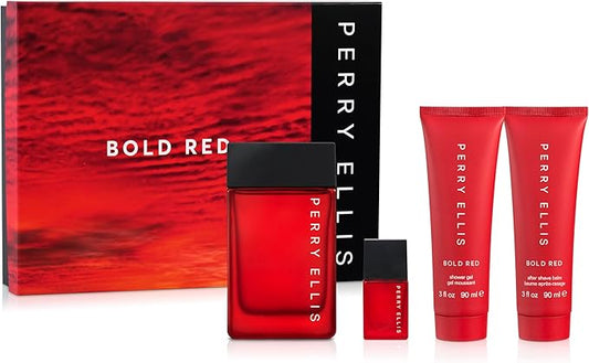 Perry Ellis Bold Red Gift Set: 3.4 fl oz eau de toilette,3 oz aftershave,3 oz shower gel,.25 fl oz travel mini - lime, parsley, mandarin, nutmeg, cinnamon, lavender, sandalwood, patchouli, cedarwood