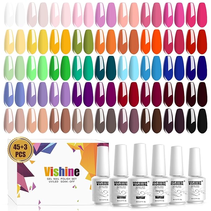 Vishine Gel Nail Polish Set - 45 Color Gel Nail Polish with Base Top Coat Lasting Nail Gel Polish Soak Off UV LED Gel Polish Manicure Kit 48Pcs 8ml