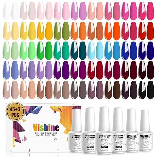 Vishine Gel Nail Polish Set - 45 Color Gel Nail Polish with Base Top Coat Lasting Nail Gel Polish Soak Off UV LED Gel Polish Manicure Kit 48Pcs 8ml