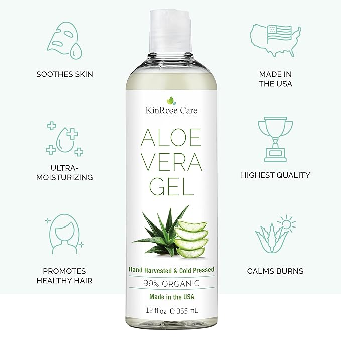 12oz Organic Aloe Vera Gel for Face, Skin, Hair & Sunburn Relief - From 100 Percent Pure Aloe Vera - Cold Pressed, Vegan, Unscented - Made in USA.