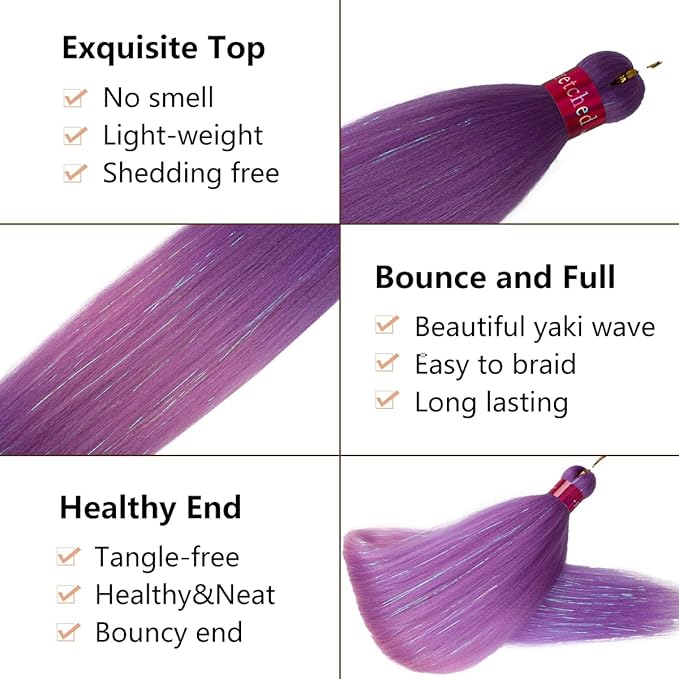 Upgraded Braiding Hair Extension Mix Tinsel, Pre Stretched Braiding Hair for Braiding Twist Braids Itch Free Hot Water Setting Yaki Straight Synthetic Hair