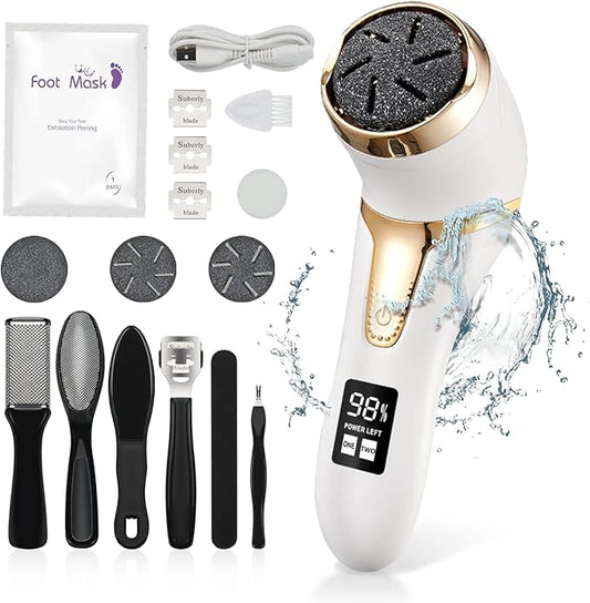 Electric Foot Callus Remover with Vacuum,AMPK Professional Pedicure Tools Kit Foot File Scraper,Waterproof Callus Remover Kit with 3Heads,2Speed,Battery Display for Callused Dead Hard Cracked Dry Skin