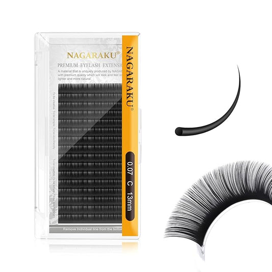NAGARAKU Eyelash Extensions Individual Lashes 0.07mm C curl 13mm Classic Super Matte Black Soft Natural Faux Mink 16 rows Stable curl