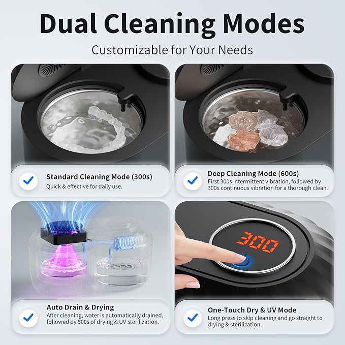 Ultrasonic Retainer Cleaner with Cleaning, Pumping, and Air-Drying Functions, 45kHz Retainer Cleaner Machine, 200ml Denture Cleaner for Dentures, Mouth Guards, Braces, Toothbrush Heads, Jewelry(Black)