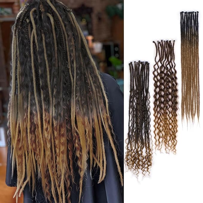 24 Inch 30 Strands SE Dreadlock Extensions Sets，3 In 1 Mixed Synthetic Dreads Extensions, Ombre Deep Brown Straight&Curly&Boho Handmade Dreads Hippie Style Dreadlocks for Woman