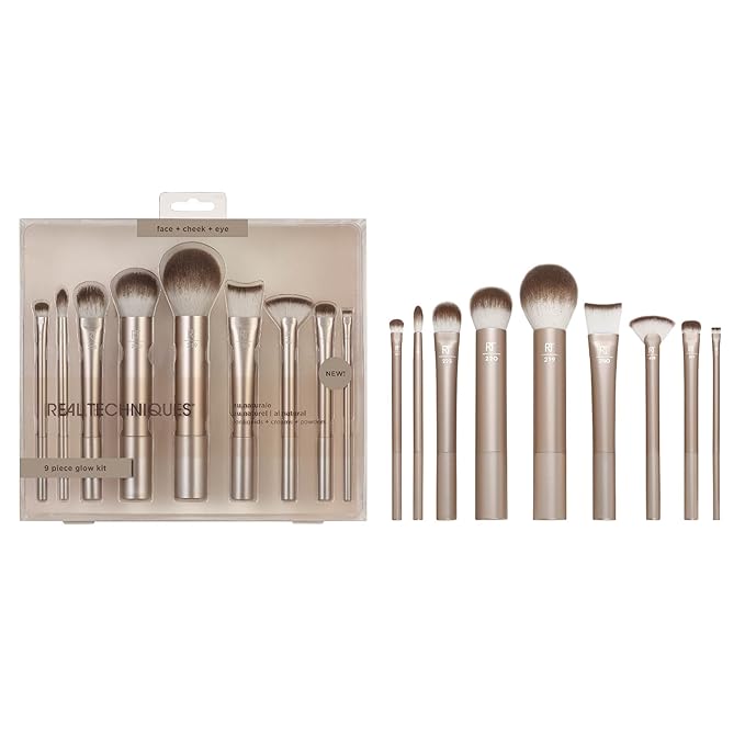 Real Techniques 9 Piece Au Naturale Makeup Brush Set, For Liquid, Cream, & Powder Eyeshadow, Foundation, Blush, Bronzer & Contour, Travel Friendly Brushes, Gift Set, Cruelty-Free Bristles