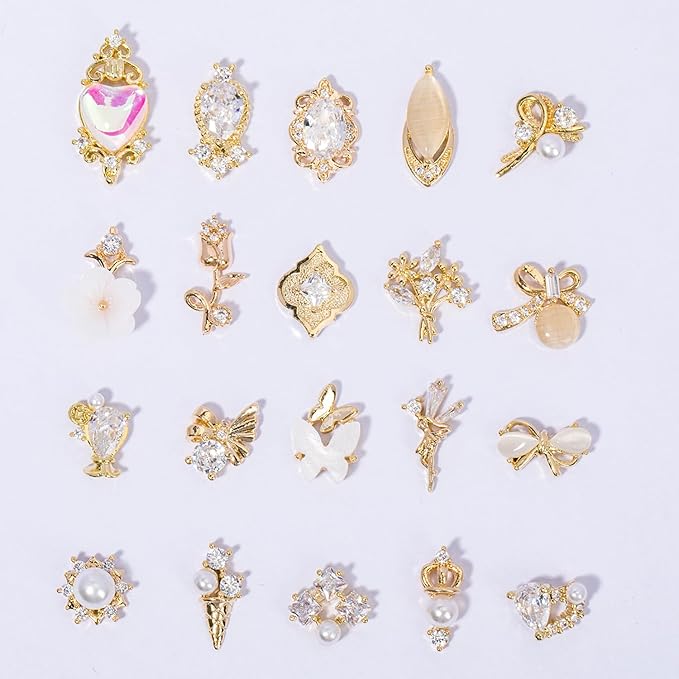 HNUIX Nail Charms and Gems - Gold Copper Zircon, Multiple Shapes 3D Dangle, Metal Jewelry Rhinestones for Nails (19pieces B Set)