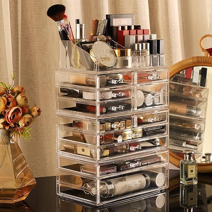 Cq acrylic 4 Pack Clear Skincare Organizer for Vanity,Stackable 11 Drawers Make Up Organizer,Cute Cosmetic Organizer for Vanity Jewelry,Hair Clip,Beauty,Skincare Product Dresser Acrylic Desk Organizer