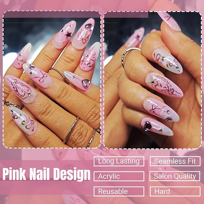 Handmade Acrylic Press On Nails Almond, Pink Medium, Ombre Valentine Heart Rhinestone Flower For Women Gift, Reusable Stick On Fake Kit With Glue (Pink Romance-M)