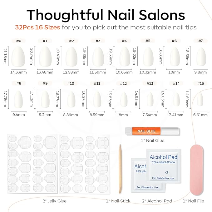 Modelones Milky White Press on Nails Almond, Short Almond Fake Nails, Reusable Nail Kit with Nail Glue Adhesive Tabs Mini Nail File, Nails Press Ons 32Pcs 16 Sizes, Women Girl Gift