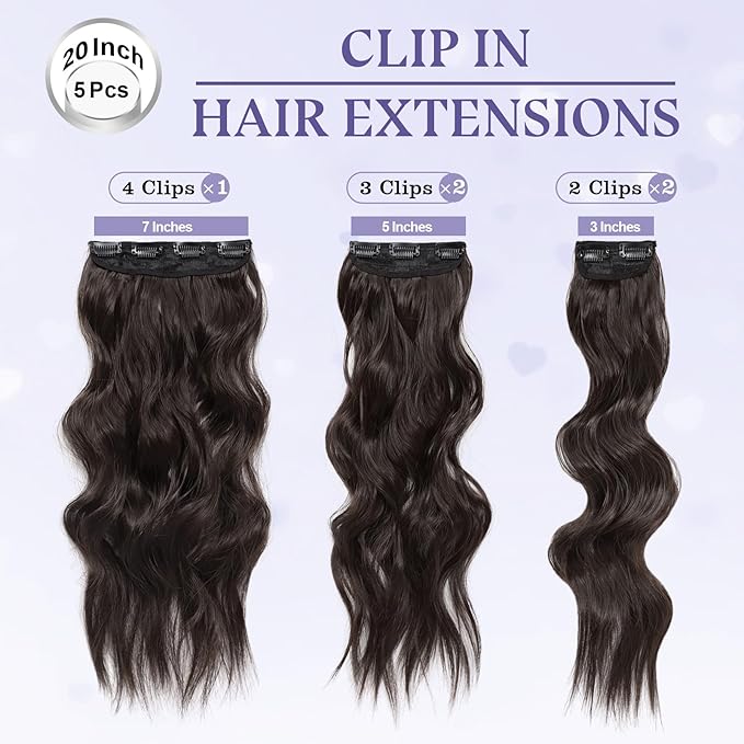 Synthetic Clip in Hair Extensions 20 Inch 5Pcs Dark Brown Long Wavy Thick Hairpieces Double Weft Natural Hair Extensions for Women