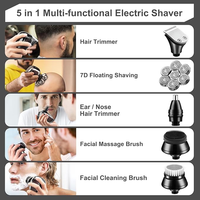 Head Shavers for Bald Men 7D, 5 in 1 Electric Shavers for Men Bald Head Rechargeable Bald Shavers for Men Waterproof Men's Rotary Shavers Grooming Kit with LED Display
