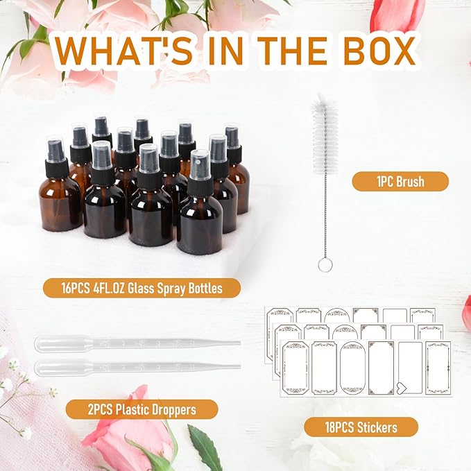 120ml Glass Spray Bottles with Fine Mist Sprayer 16Pack, Small Amber Glass Spray Bottles 4 oz for Perfumes,Cleaning Products,Pet Spray (4fl.oz, Set of 16)