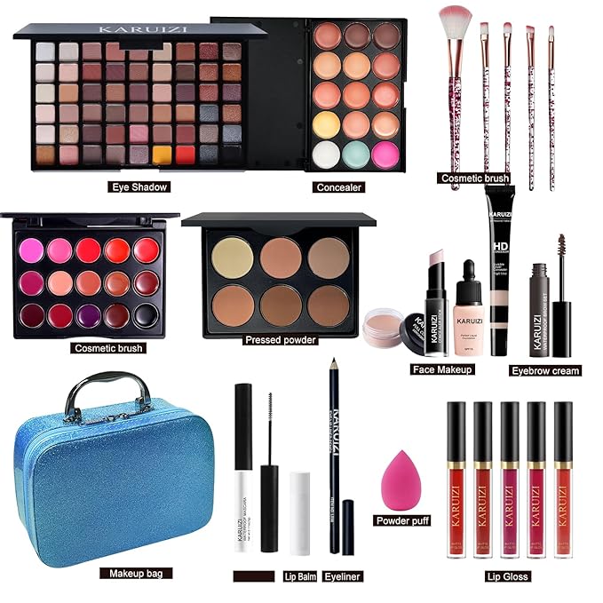 All in One Makeup Kit,Makeup Kit for Women, Teens and Girls, All-in-One Set with Eyeshadow Palettes, Lipsticks, Brushes, Storage Bag,Makeup gift set girls makeup sets ages 8-12 (Blue)