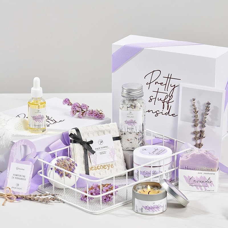 Gifts for Women Spa Lavender Bath Gift Baskets Mothers Day Gifts Relaxing Self Care Gift for Mom Her Sister Wife Auntie Home Bath Kit Care Package Birthday Friendship Gift Ideas