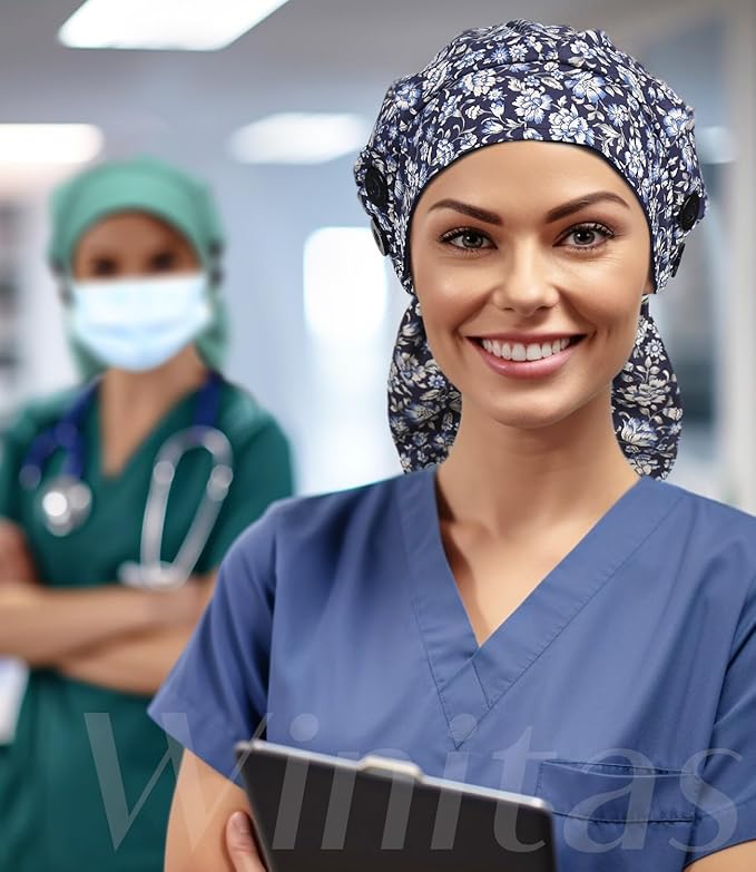 Satin Lined Work Cap with Button for Long Hair Women