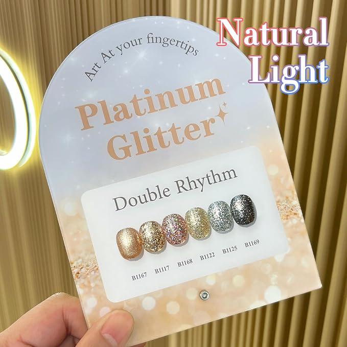 Double Rhythm 0.5 Oz Glitter Gel Polish Set of 6 Color with Display Borad 15 ml Full Size Kit Shimmer Reflective Sparkle Soak Off Manicure Salon DIY at Home (Rose Gold Silver Black Bright-T6-38)