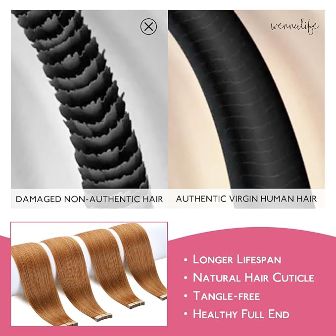 WENNALIFE Tape in Hair Extensions Human Hair Auburn Ginger Tape in Extensions, 10pcs 25g 18 inch Remy Invisible Tape Ins Straight Colored Soft Real Human Hair Tape in Extensions Refill Set Extensions