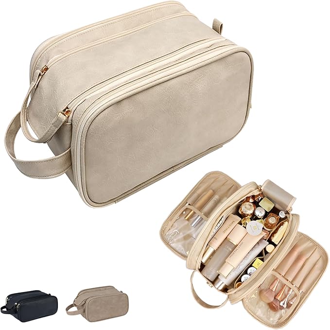 Travel Toiletry Bag for Women PU Leather Triple-layer Double Zipper Toiletry Bags,Waterproof with Handle Mens Toiletry Bag Stowable Brushes, Toiletries Makeup for Business Trips Camping Bathroom Beige