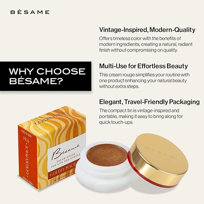 BESAME Golden Peach Cream Rouge - 1976, Highly Pigmented, Matte Finish, Multi-Use for Lips and Cheeks, Vintage-Inspired Reusable Tin, Long-Wearing, Sensitive Skin Friendly