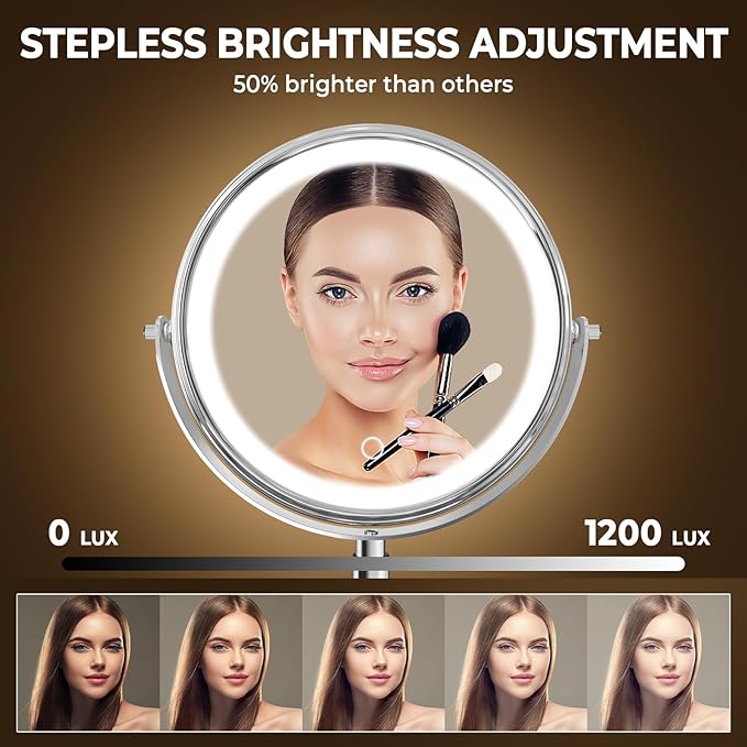 8" Wall Mounted Lighted Makeup Mirror, 3000mAh Rechargeable Double Sided 1X/10X Magnifying Mirror with Hook,3 Color Lights Dimmable 360° Rotation Vanity Mirror for Bathroom