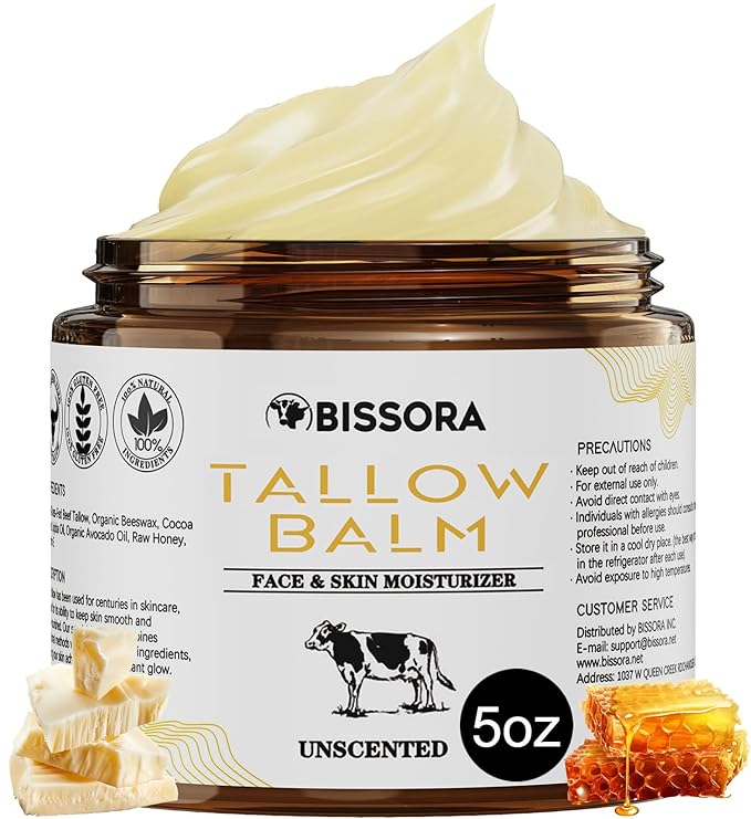 Beef Tallow for Skin, Organic Grass-Fed Beef Tallow Balm with Raw Honey & Jojoba Oil - Whipped Moisturizer for Face & Body - All-Natural Skin Care for Soft, Hydrated Skin (5 OZ, Unscented)
