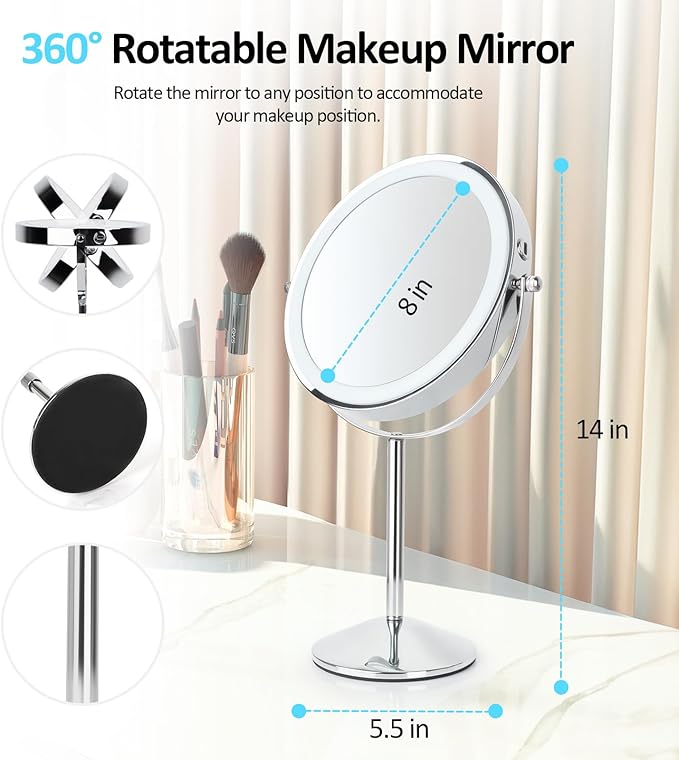 8" Makeup Mirror with Lights, Rechargeable 1x/10x Magnifying Mirror with 3 Colors, 360° Rotation Double Sided Rechargeable Desk Cosmetic Mirror, Touch Dimming LED Lighted Makeup Mirror