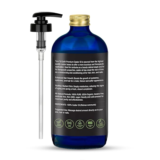 Organic Castor Oil, Cold Pressed, Glass Bottle, USDA Certified Premium Organic, Unrefined, Hexane Free, for Hair Growth, Radiant Skin, Eyebrows, Lashes and Fuller Hair, 16.9 oz w/ Pump (Made in USA)