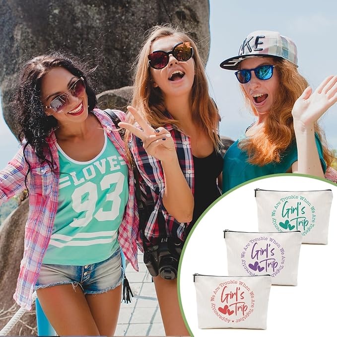 3Pcs Girls Trip Gifts Favors, Bestie Gifts Funny Makeup Bag, 2025 Girls Weekend Gifts Travel Gifts Cosmetic Bag, Friendship Gifts for Women Friend Weekend Bag, Graduation Wedding Gifts Toiletry Bag