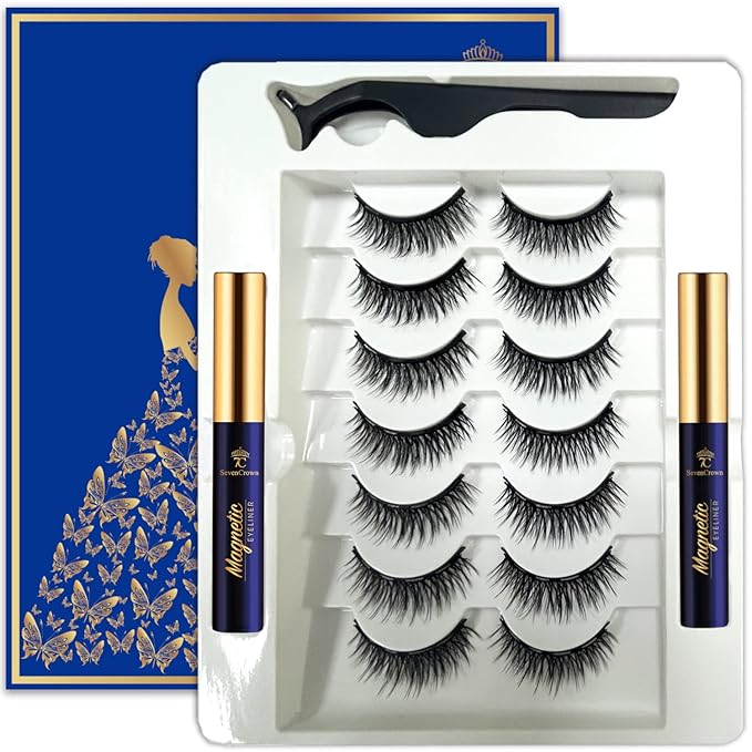 Magnetic Eyelashes with Eyeliner Kit - 7 Pairs 3D Short Magnetic Lashes with 2 Tubes of Liner Waterproof, Natural Look,Long Lasting, Easy Reusable Fake Eyelashes