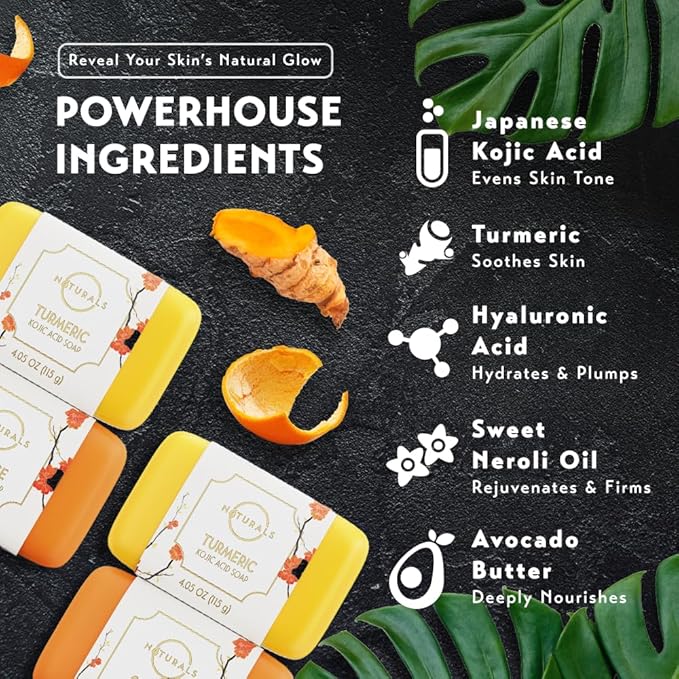 O NATURALS 100% Natural Bar Soap - Gift Set - Organic Ingredients & Essential Oils - Spa Gifts for Women & Men, Body Wash & Face Soap - 4PC Kojic Acid Turmeric Soap