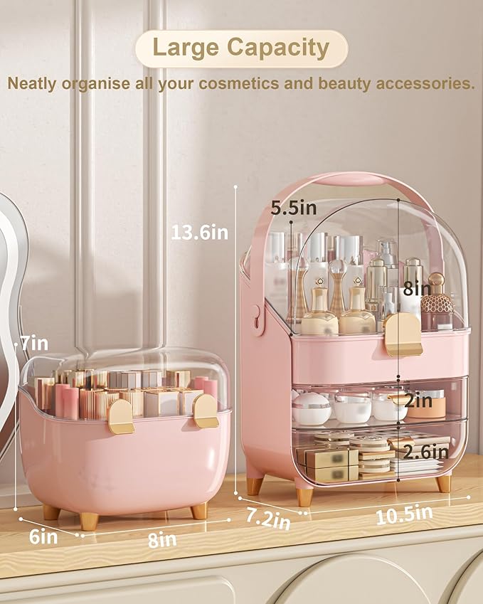 Makeup Organizer, Skincare Holder Bathroom Counter Organizer, Storage Box Cosmetic Display Cases, Teen Girl Gifts Trendy Stuff Make up Organizers for Vanity, Dresser, Countertop (Pink)