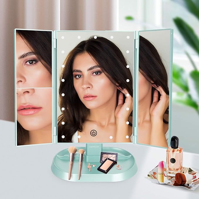 deweisn Trifold Lighted Vanity Makeup Mirror with 21 LED Lights,1x/2x/3x Magnification Touch Screen Dimming,Two Power Supplies Makeup Mirror, Gift for Women