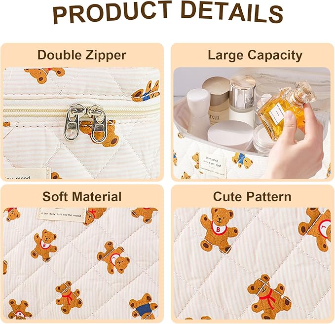 3Pcs Makeup Bag Cotton Quilted Travel Cosmetic Bag Cute Floral Makeup Pouch Large Toiletry Bag for Women Girls