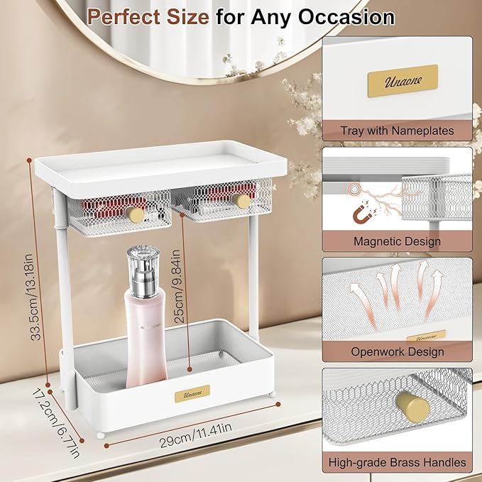 Unaone Makeup Organizer Countertop - 2 Tier Skincare Organizer with 2 Rotating Drawers, Versatile Cosmetic Display Cases Perfume Organizer for Vanity Bathroom Countertop, Ideal Gifts for Women (White)